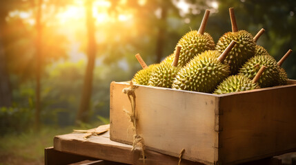 Durian fruit harvested in a wooden box in a plantation with sunset. Natural organic fruit abundance. Agriculture, healthy and natural food concept.