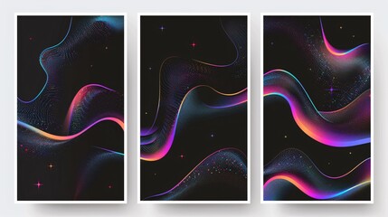 Contemporary posters featuring holographic patterns, sleek lines and shimmering elements against a dark backdrop. Popular design with linear arches, smooth blends and starry accents in a poster kit.