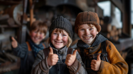 Fototapeta premium Group of children doing their dream job as Blacksmiths standing inside the blacksmith workshop. Concept of Creativity, Happiness, Dream come true and Teamwork.