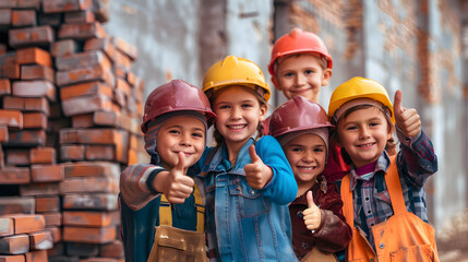 Group of children doing their dream job as Bricklayers at the construction site with building in the background. Concept of Creativity, Happiness, Dream come true and Teamwork.
