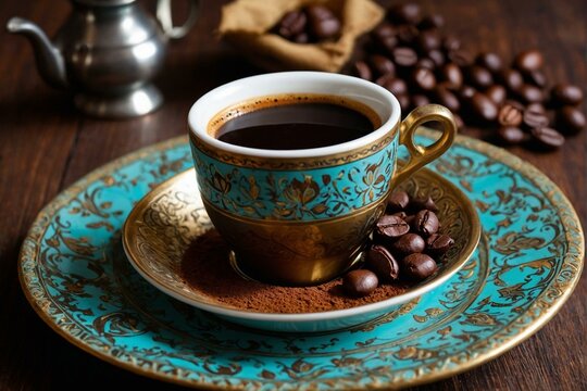Aesthetic image of an ornate vintage coffee cup filled with coffee, saucer, coffee beans scattered around on a wooden surface, turkish coffee