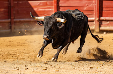 Toro negro con grandes cuernos corriendo en una plaza con valla roja durante una corrida de toros española - obrazy, fototapety, plakaty