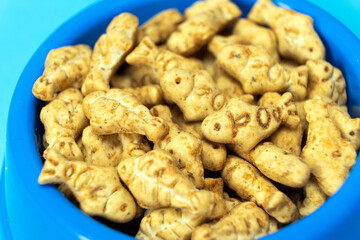 A treat for cats and kittens is a fish-shaped catnip cookie in a blue bowl.