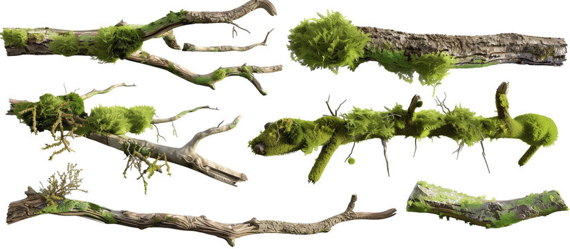 Large beautiful Set of moss covered sticks and branches isolated on white background transparent, branches , 3D
