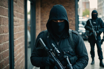 Bank robbery, armed robbers in black masks outside building