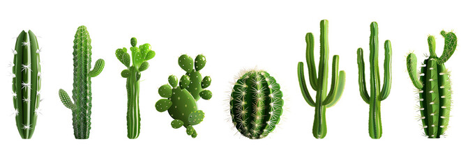 Set of cacti of different shapes and sizes isolated on transparent background, realistic, 3D, beautiful 