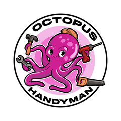 Vector cartoon illustration of octopus as a handyman