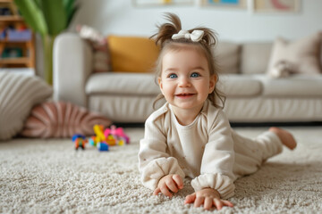 A toddler with a big smile is happily crawling on the hardwood floor of a cozy living room, feeling comfortable on the warm wood flooring next to the couch
