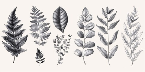 Leafy botanical illustration featuring fern, eucalyptus, and boxwood on a vintage floral background, perfect for design elements. - obrazy, fototapety, plakaty