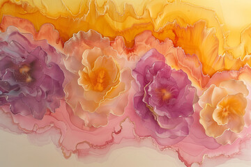 painting of flowers in in soft pink, peach and purple colors with golden splashes, watercolor style