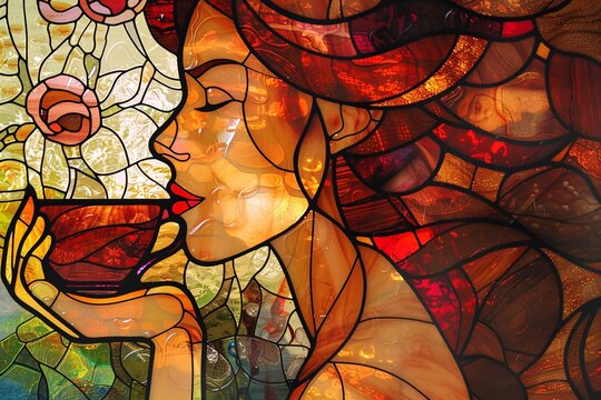 A tea-drinking lady depicted in a stained glass.