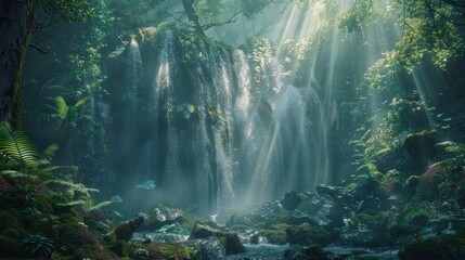 Enchanting Forest Waterfall. Majestic waterfall amidst serene forest evokes enchantment and wonder.