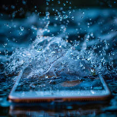  A Tablet Computer Tumbles into the Water ,
 cell phone that is floating in the water 