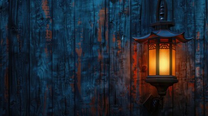 Traditional Asian lantern on rustic blue wooden background.