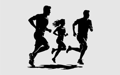 Running men and women, vector set of isolated silhouettes
