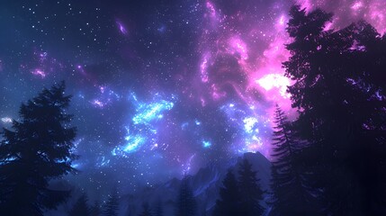 Fototapeta na wymiar Nebula Glow Over Misty Pines
