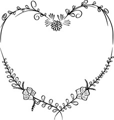 Hand drawn sketch of wreath and frames Leaves and flowers ornate borders heart. vector illustration