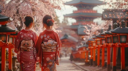 During peak cherry blossom season in Japan, elegantly dressed Japanese ladies in Yukata attire pass by  Shrine.