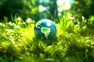 Obraz na płótnie Canvas Earth Day - Globe In Forest With Moss And Defocused Abstract Sunlight - Environment Concept