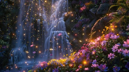 Fireflies illuminate hidden fairytale garden with cascading waterfall and vibrant flowers, creating an enchanting scene as dusk fades away. - obrazy, fototapety, plakaty