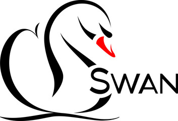 stylized image of a swan with a red beak on a wave, black and white drawing, vector