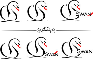 stylized image of a swan with a red beak on a wave, black and white drawing, vector