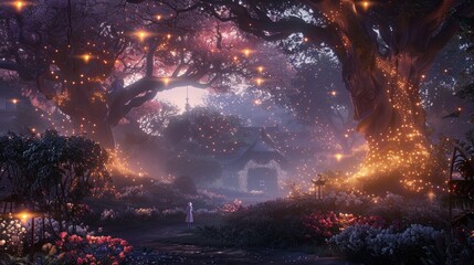 Fototapeta premium Fairytale garden at night with fireflies and a gentle mist.
