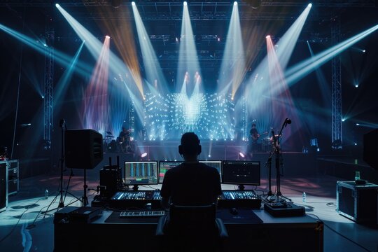 Sound engineer controlling live concert audio mixer.