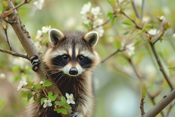 Mischievous Adorable raccoon in forest. Charming cute raccoon in blooming season. Generate ai - obrazy, fototapety, plakaty