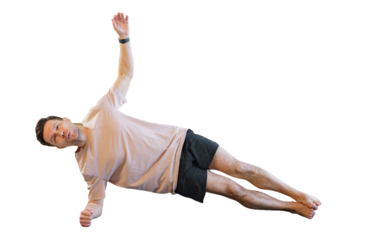 A yoga instructor is seen performing a workout in fitness attire, engaging in warm-up exercises for the body, against a transparent background.
