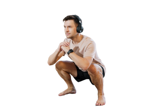 Man squats warm-up workout in fitness clothes. Isolated transparent background.