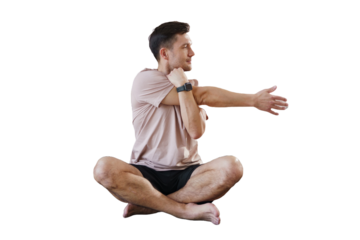 Yoga coach a man in a T-shirt doing a workout in fitness clothes, a warm-up exercise for the body. Isolated transparent background.