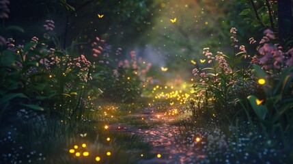 Midnight stroll through secret fairytale garden. Fireflies illuminate mystical sanctuary.