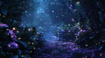 Midnight stroll through fairytale garden, alive with whispers of ancient spirits. A mystical sanctuary where reality and fantasy intertwine amidst firefly dance. - obrazy, fototapety, plakaty