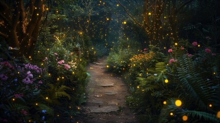 A spellbinding midnight stroll through a secret fairytale garden, illuminated by glowing fireflies - obrazy, fototapety, plakaty