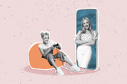 Composite photo collage of happy girl sit beanbag play console gamepad iphone screen device entertainment isolated on painted background