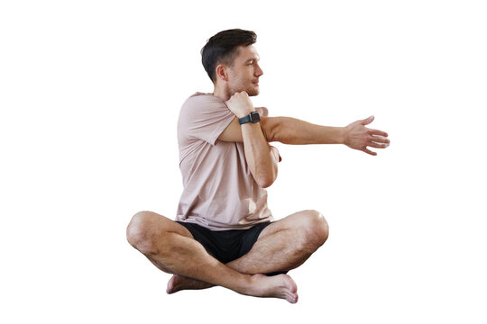 Yoga coach a man in a T-shirt doing a workout in fitness clothes, a warm-up exercise for the body. Isolated transparent background.
