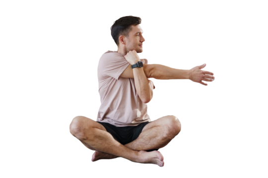 Yoga coach a man in a T-shirt doing a workout in fitness clothes, a warm-up exercise for the body. Isolated transparent background. - Powered by Adobe
