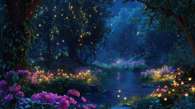 Enchanted midnight stroll through a secret fairytale garden, illuminated by glowing fireflies and starlit skies.