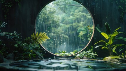 Rainforest Vista. Circular window frames lush nature, perfect for streaming.
