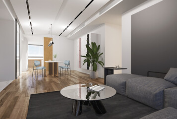 The modern luxury interior of the living room is bright and clean. 3D illustration