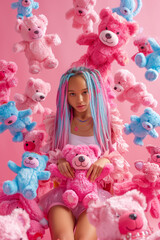 Fototapeta premium Teenage girl with colorful braids on her head with pink teddy bear in pink room