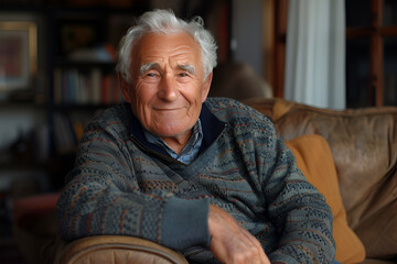 Portrait of old white hair optimistic man laugh wear dark sweater isolated on grey background - obrazy, fototapety, plakaty