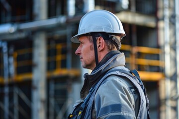 Fototapeta premium Construction Worker Inspecting Site with Safety Gear