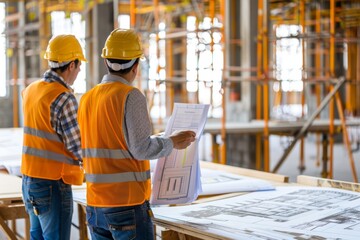 Fototapeta premium Construction Engineers Discussing Blueprints