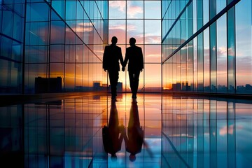 Fototapeta na wymiar Business Partners Walking in a Glass Building at Sunset