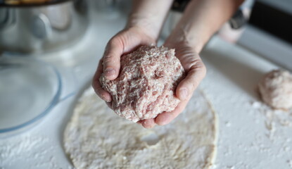 Male hands hold minced meat in palms. Circle of dough in flour on table.