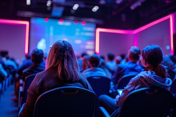 Audience Watching Presentation in Neon-lit Room