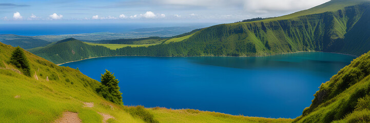 Panoramic view of the crater lake on the island of Sao Miguel, Azores