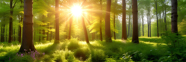 sunlight in the green forest. panoramic view of spring forest